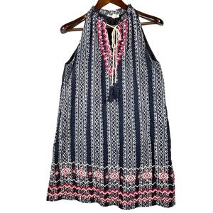 THML Women M Sleeveless Embroidered Boho Tunic Dress Navy Tribal Tassel Festival